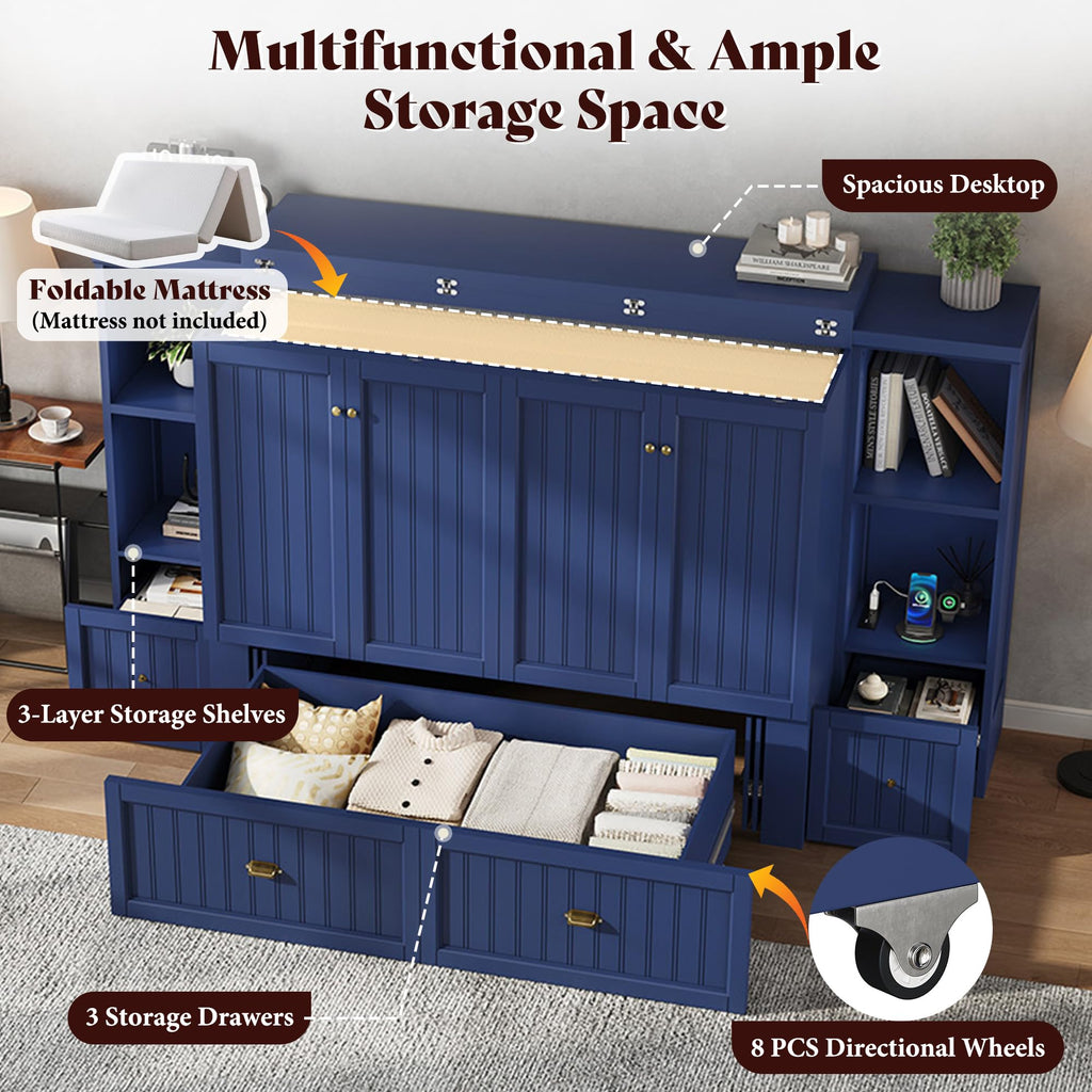 Full Size Murphy Bed with Bedside Tables & Charging Station