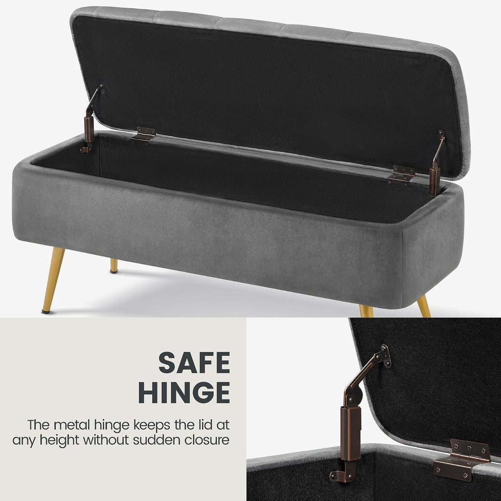 43in Velvet Storage Ottoman Bench End of Bed, Gray | Button-Tufted Ottoman Bench with 1.9C Storage Space, Tapered