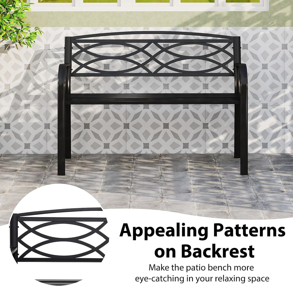 Outdoor Metal Garden Park Bench, Heavy-Duty Metal Slatted Loveseat for 2 People with Curved Armrests & Backrest