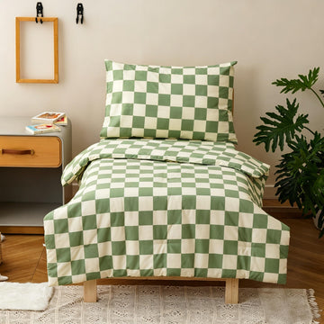 Grid Toddler Bedding Set Green White Checkered 4 Pieces Crib Bed Set Kids Pliad Comforter Set