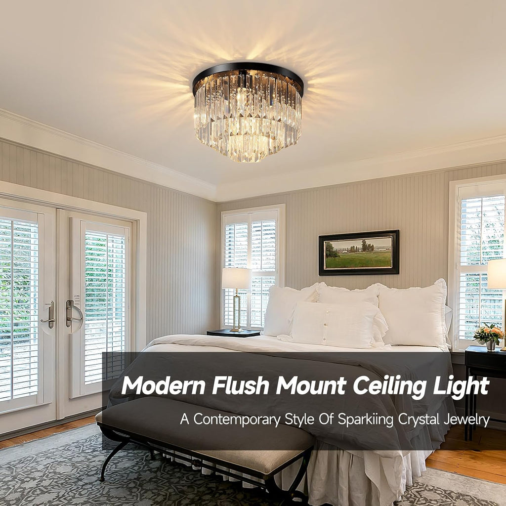 16" Black Crystal Chandelier Ceiling Light, Flush Mount 5-Lights 3-Tier K9 Crystal Round Chandelier Light for Dining
