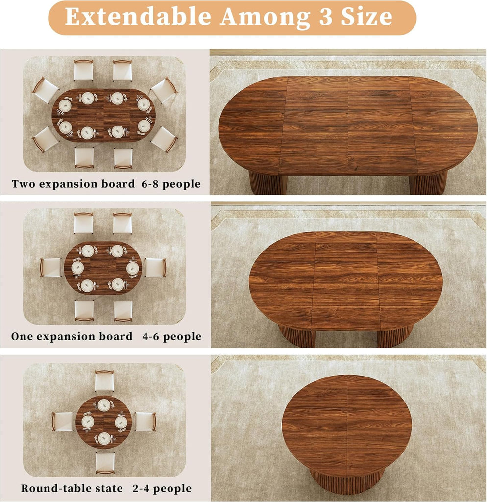 Extendable Round Dining Table for 4-8, 39in-77in Long Large Kitchen Table with Fluted Base, Space Saving Modern