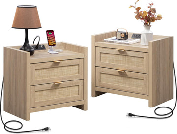 Rattan Nightstands Set of 2 Bedside Table - Bed Night Stand with Type-C Charging Station, 2 Drawers Storage - Boho