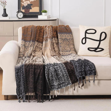 Boho Throw Blanket, Chenille Jacquard Tassels Throw Blankets, S:60x75)