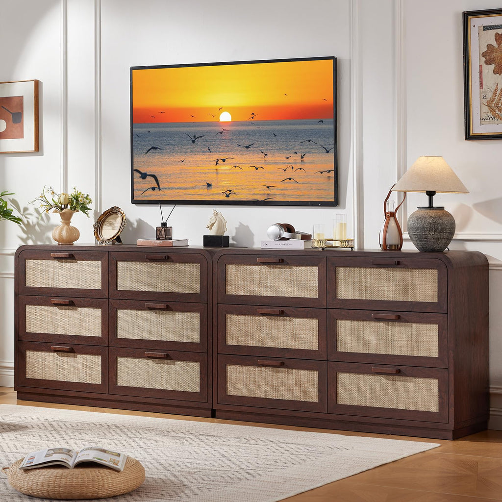 Rattan 6 Drawer Dresser, Walnut