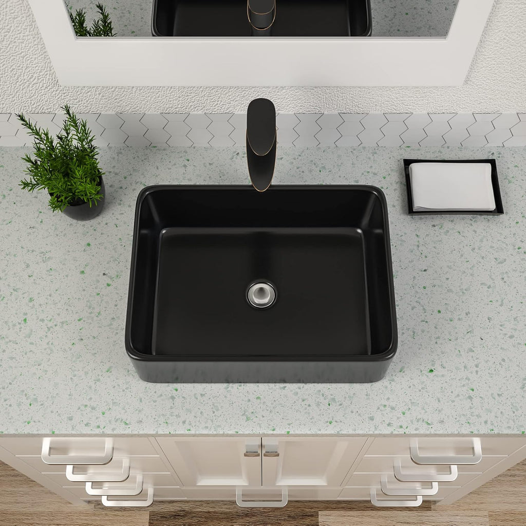 Black Vessel Sink Rectangle, Dcolora 19"x15" Matte Black Bathroom Vessel Sink Rectangular Above Counter Ceramic
