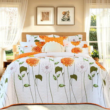 100% Cotton Quilt Set Orange Sunflower Floral Bedding Sets with Pillow Shams Breathable Lightweight