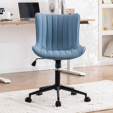 Blue Office Desk Chair with Wheels Comfy Armless Vanity Chair with Back Modern Small Faux Leather Upholstered Rolling