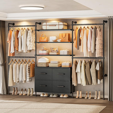 T3 Closet System with Stepless Dimmable LED Light, Industrial Pipe Clothing Rack with 4 Drawers, 6 Wooden Shelves & 4