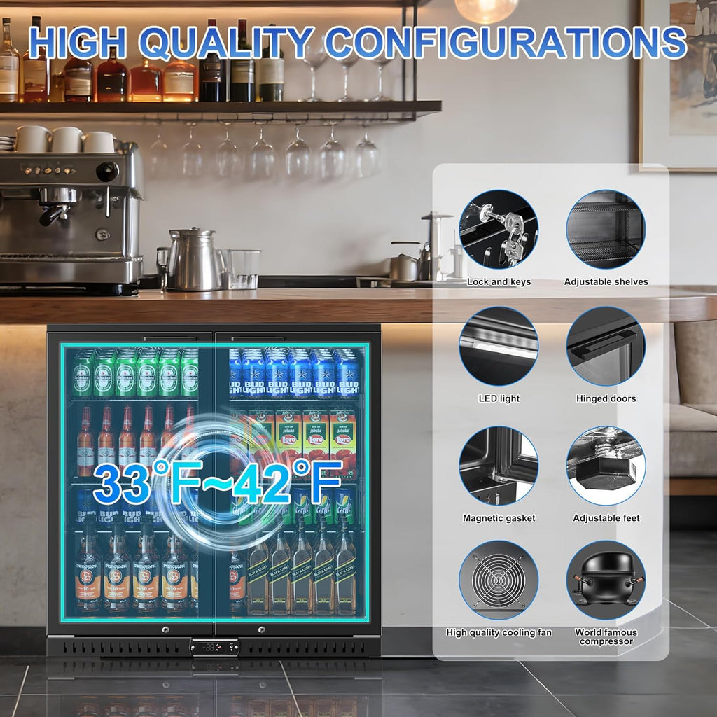 Back Bar Cooler with 2 Glass Doors, 7.4 Cu.ft Under Counter Height Beverage Refr