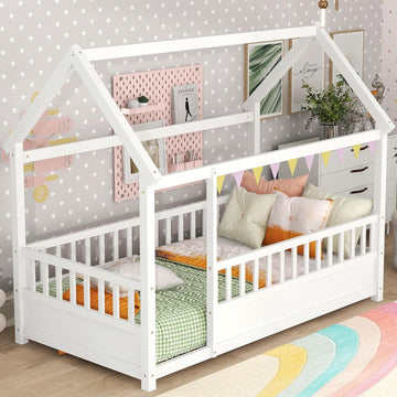 Kids Montessori Bed Twin Size, Twin Floor Bed with High Fence, House Beds for Kids, Girls, Boys, Wood Montessori