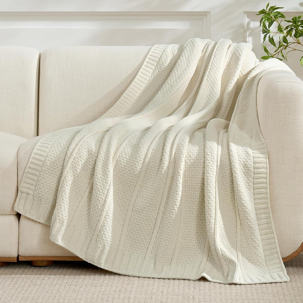Premium Chenille Throw Blanket, Soft Cozy Moss Stitch Knit Blanket, Chair, Home Decor, Cream White 50"x60"