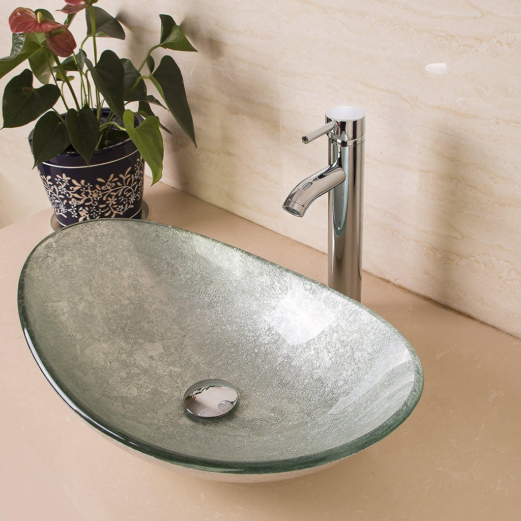 21.7"L × 14.2"W × 6.3"H Tempered Glass Vessel Sink Set - Boat-Shaped Wash Bowl with Chrome Faucet & Pop-Up Drain Stopper