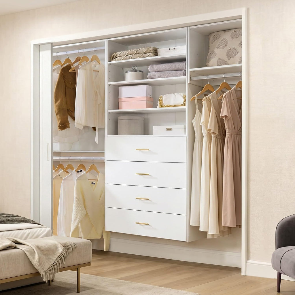 76.5" Modular Closet System, White MDF Walk-In Closet Organizer with Double Hanging Rods, Adjustable Shelves, 4