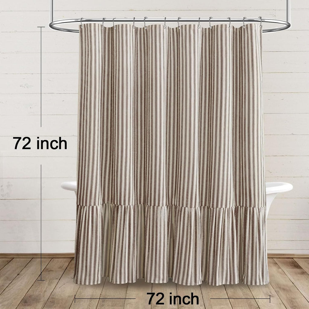 Farmhouse Shower Curtain Ruffle Linen Cream-Brown Stripe 72"W x 72"L | Farmhouse Boho, Striped, Bottom Ruffle, Linen