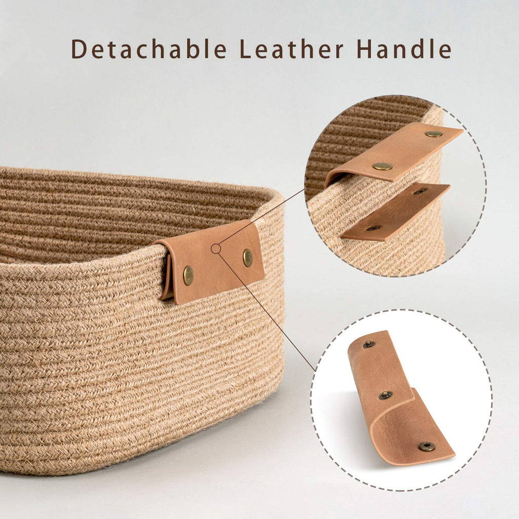Large Woven Rope Gift Basket with Leather Handles, 20L, Jute