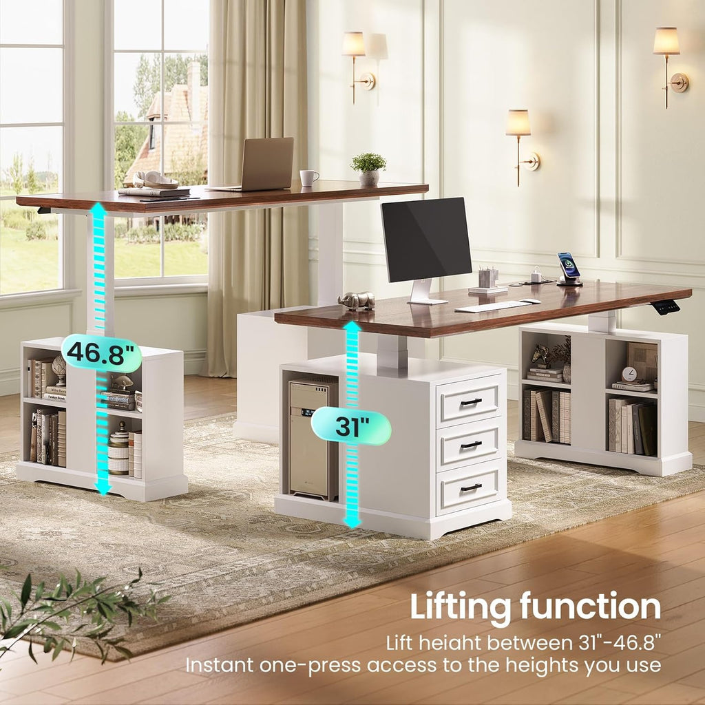 Farmhouse Electric Standing Desk, 63" Height Adjustable Computer Desk with 3 Drawers, Storage Shelves, Power Outlets