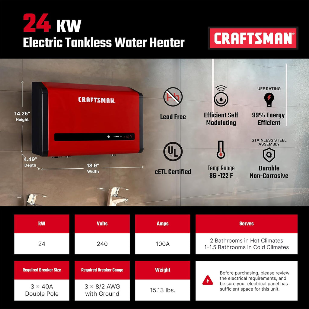 24kW Tankless Water Heater Electric 240 Volt 3.74GPM, Self-Modulating Tech Multi-Application for Whole House