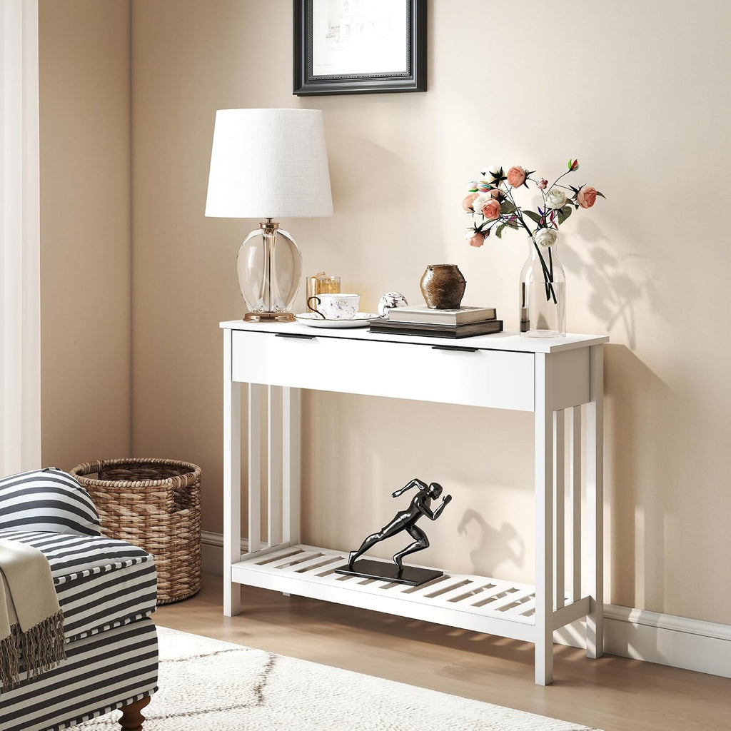 White Narrow Console Table with Drawer Storage Shelf, Modern Wooden Entryway Sofa Table, 39 Inch Slim Behind Couch