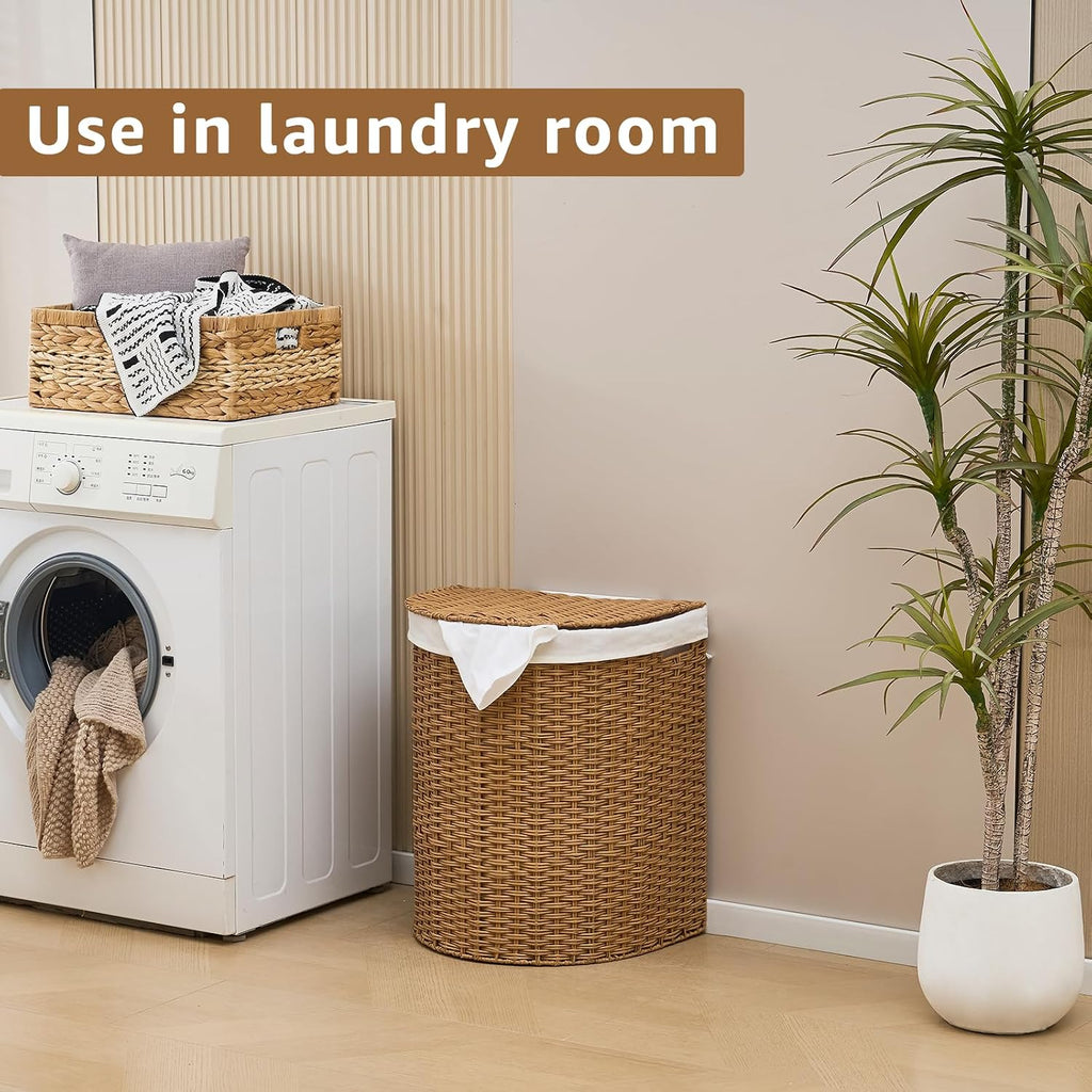 Wicker Half Moon Laundry Basket with Lid and 2 Replaceable Liner Bags, Handwoven Rattan Hamper for Dirty Clothes