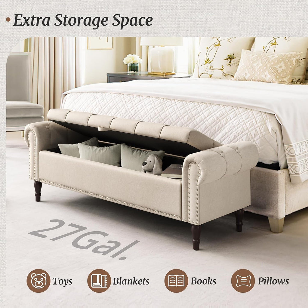 Storage Bench Ottoman, 61" King Linen Rolled Arm Bedroom End of Bed Bench, Window Bench with Button Tufted and