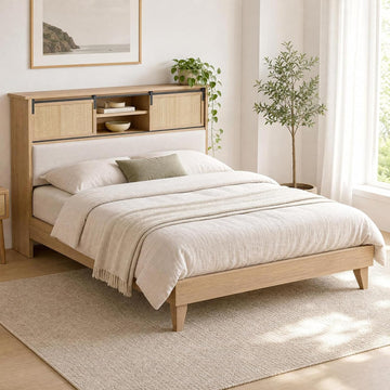 Queen Solid Wood Bed Frame with Storage Headboard, Rattan Upholstered Bookcase Headboard with Sliding Doors &
