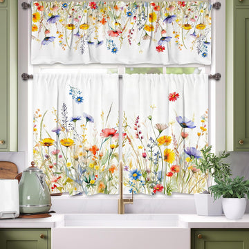 3 Piece Spring Kitchen Curtains and Valances Set for Window | Summer Floral Cafe Curtain 36 Inch Length Black & White