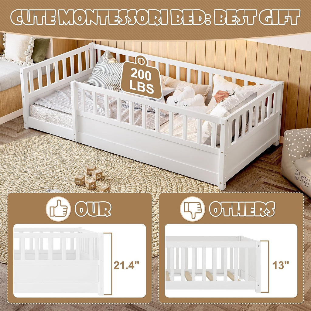 Twin Size Montessori Floor Bed with High Rails, High Rails Floor Bed with Slats and Fence, Easy Assemble Montessori