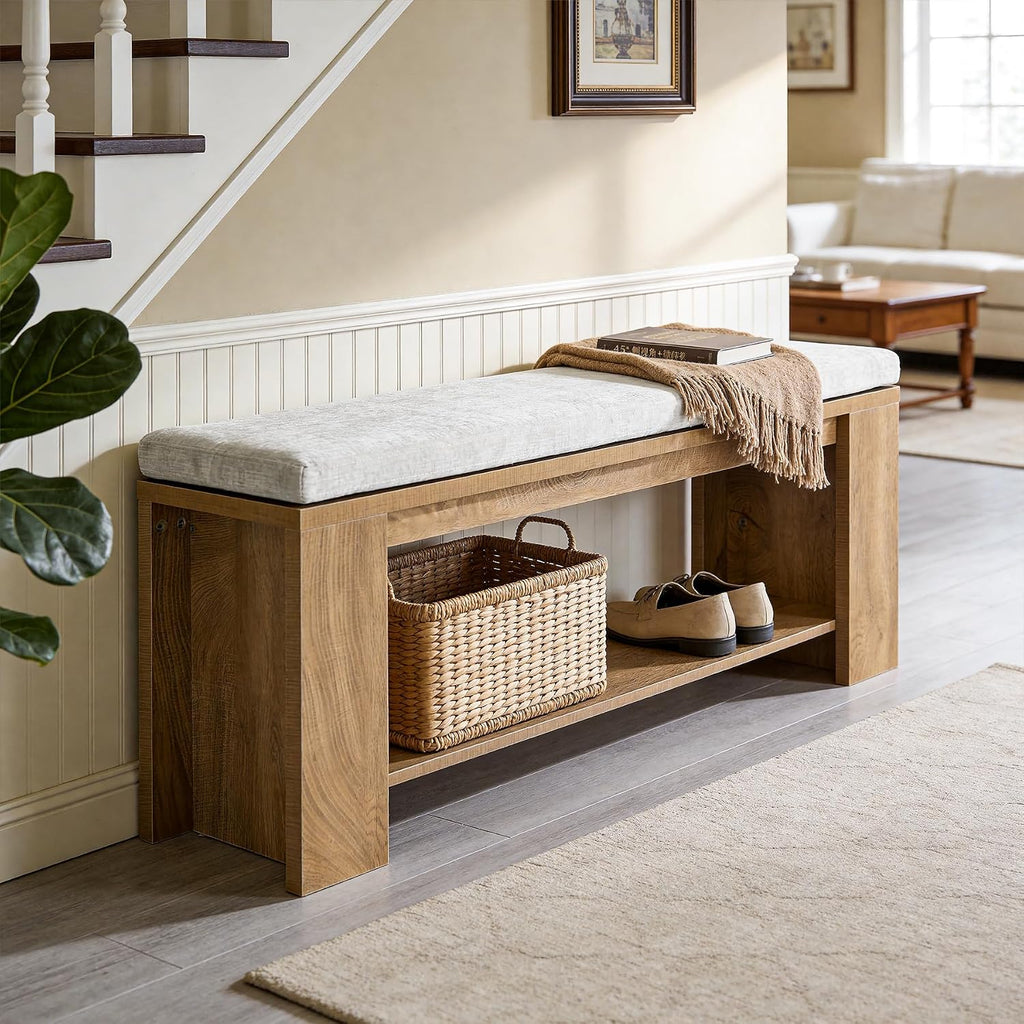 Upholstered Entryway Bench, 47-Inch Long Farmhouse End of Bed Bench with Padded Seat and MDF Frame, Rustic Indoor