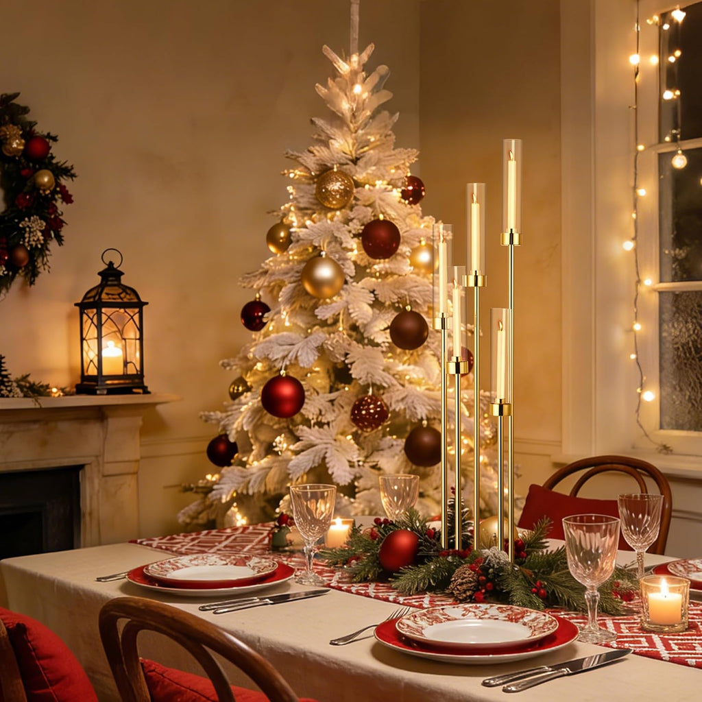 2PCS 42.5In 5 Arm Gold Floor Candelabra, Tall Metal Candle Centerpieces for Tables with Acrylic Lampshade, Home