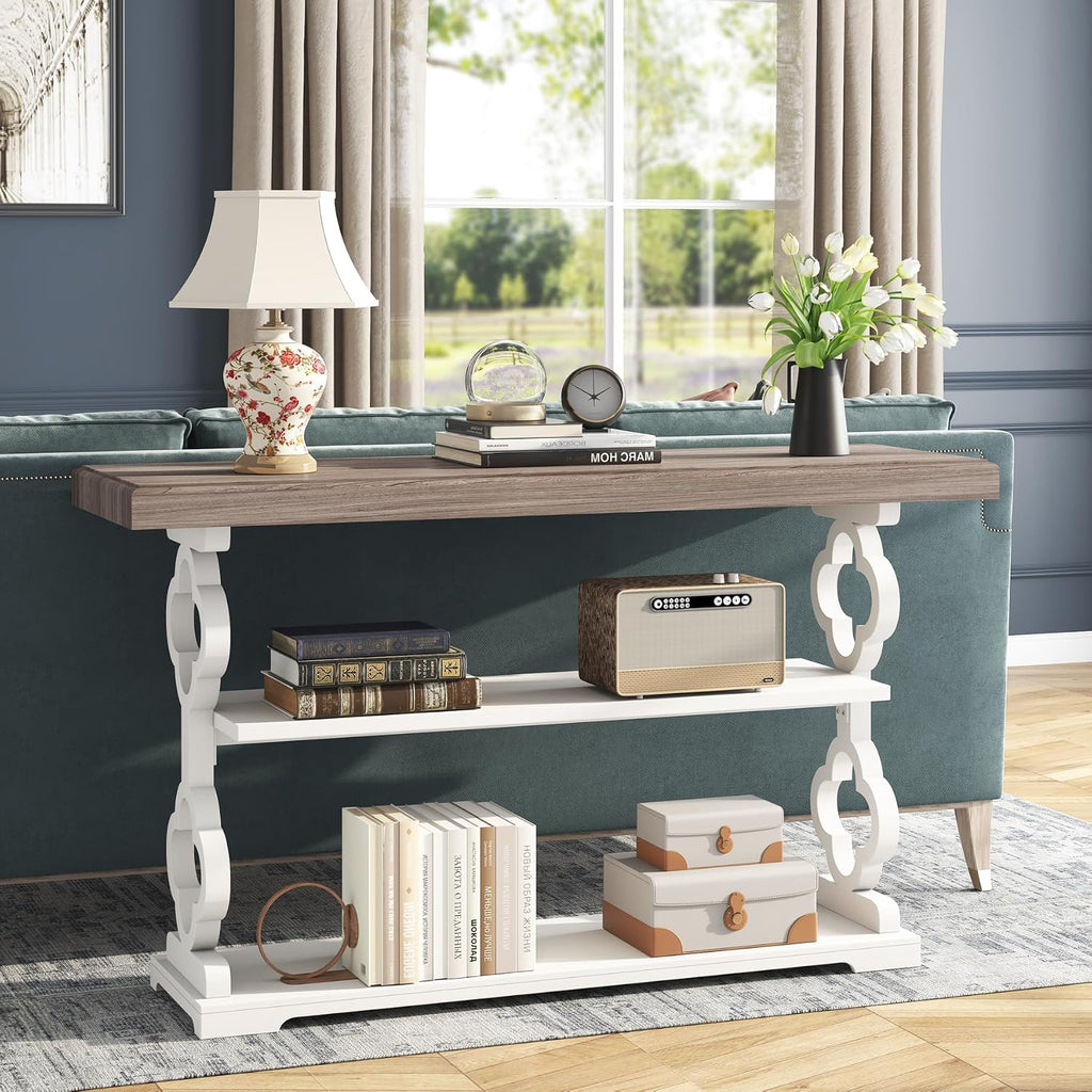 Farmhouse Console Table, 55 inch Long Sofa Table with Storage Shelves, 3 Tier Wood Accent Entry Table , Entrance