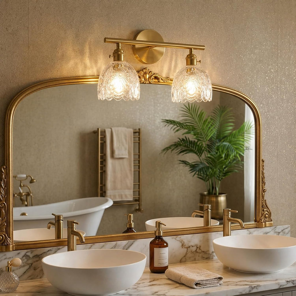 2-Light Bathroom Vanity Light Over Mirror, Brushed Gold Wall Sconce with Clear Floral Glass Shades, Modern Bathroom