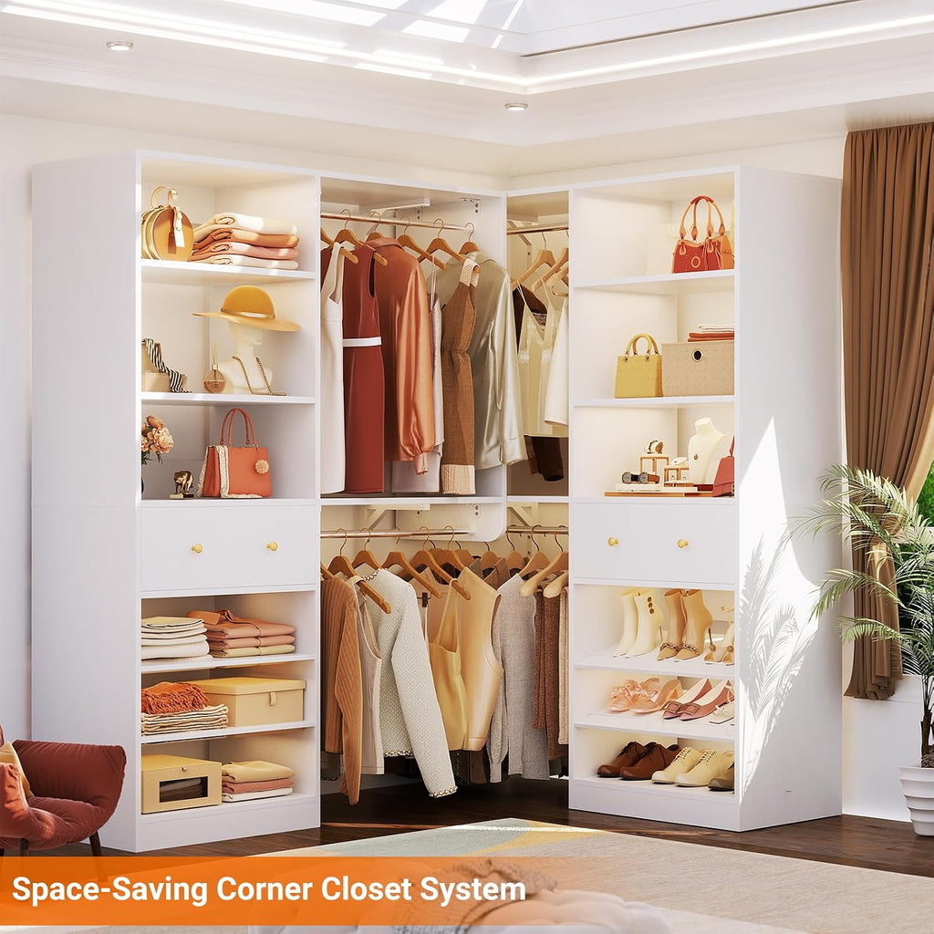 [10 FT Closet System] 120 Inch Reversible Set of 2 Wood Closet Organizer System with 2 Drawers, 4 Hanging Rods