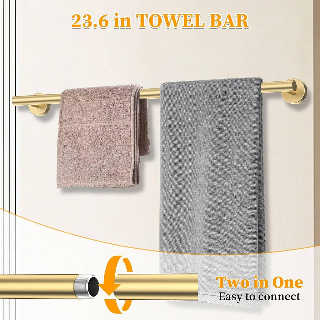 Brushed Gold Towel Bar Set 10 Pieces Round Bathroom Hardware Set Includes 23.6in Towel Bar Towel Ring Toilet Paper