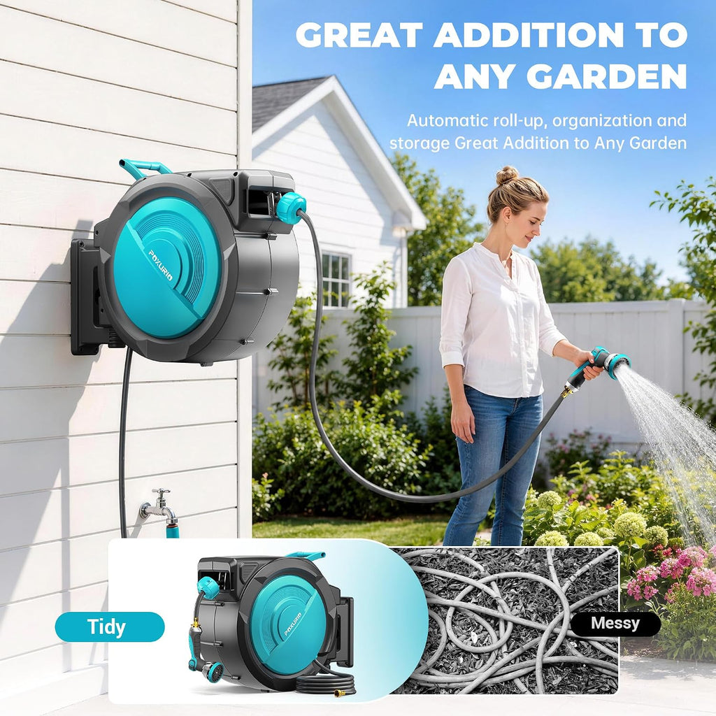 5/8" 110FT Retractable Garden Hose Reel-Heavy Duty Automatic Wall Mounted Hose Reel with 2026 Upgraded UV Resistant