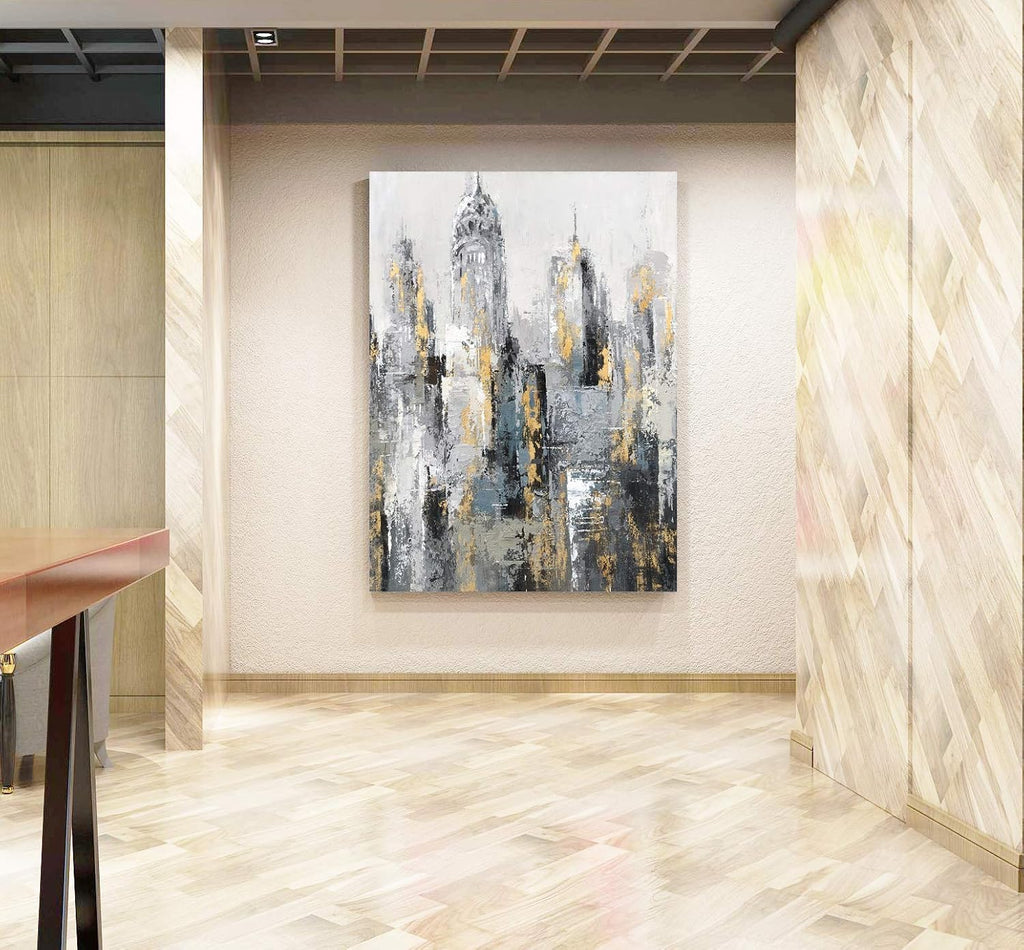 Modern Abstract Cityscape Canvas Wall Art Painting with Gold Foil Hand Painted Building Pictures Decoration