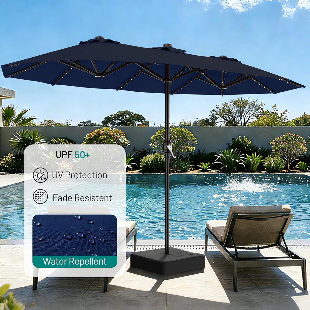 13 FT Patio Umbrella with Solar Lights, Double-Sided Outdoor Table Umbrellas with Crank