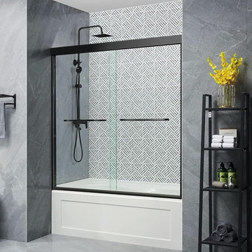 56''-60" W×57" H Black Bathtub Shower Door, 60 Inches Semi Frameless Shower Door for Bath tub
