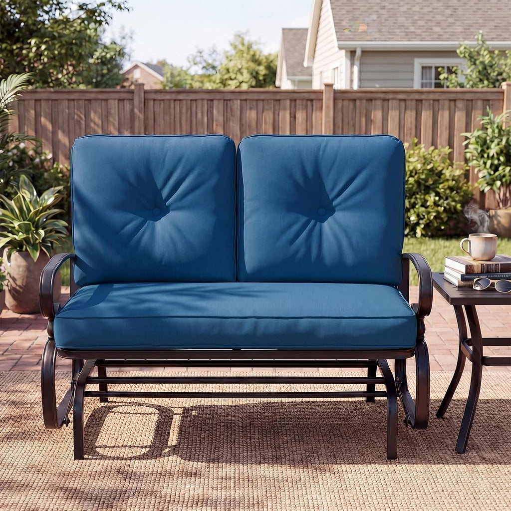 Outdoor Glider Bench, Patio 2 Person Loveseat with Removable Cushion, Thick Padded Seat, Stable Steel Frame, Outside