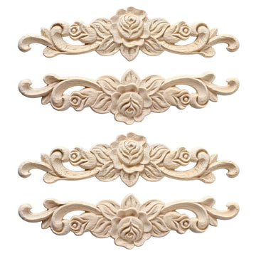 4pcs Wood Appliques Onlays Decorative Wooden Applique for Furniture Long Wood Carved Appliques Onlays for Cabinet
