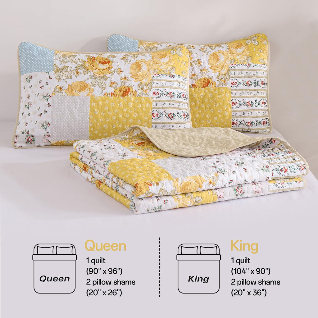 Yellow Patchwork Quilt Set, Rose Floral Plaid Bedspread