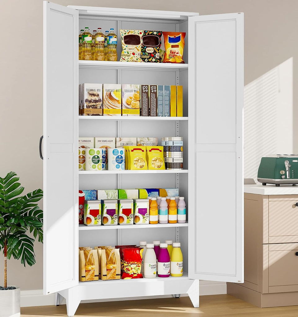75" Tall Pantry Cabinet,Farmhouse Kitchen Pantry Storage Cabinets with 2 Doors and 5 Shelves,White Metal Storage