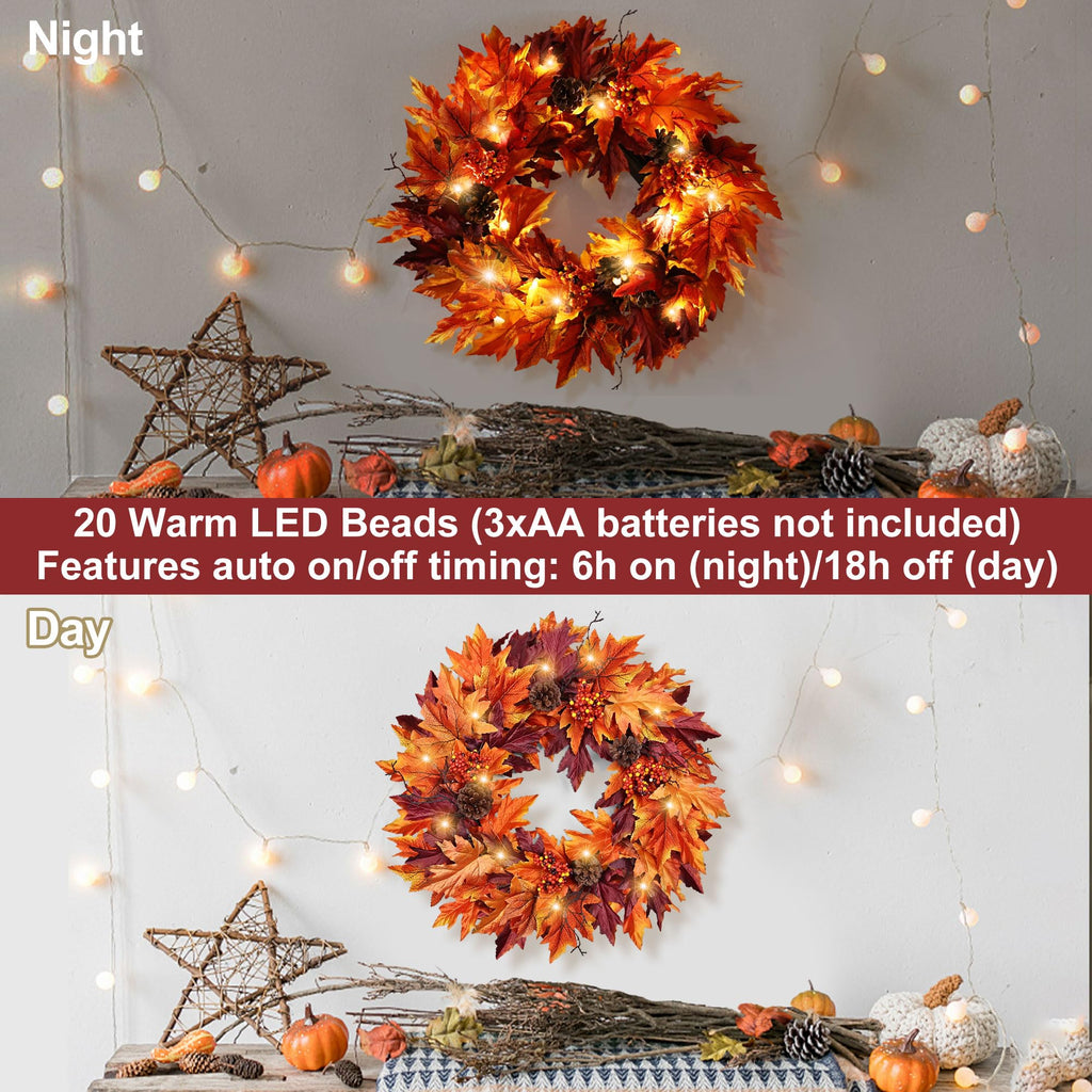 24in Fall Wreath for Front Door with 20 Lights & Timer