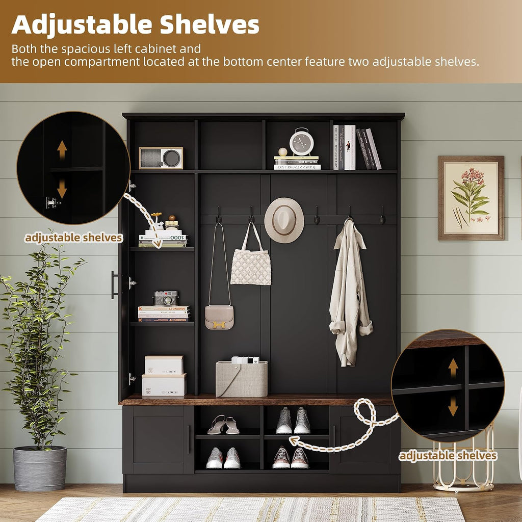 Rustic Hall Tree with Bench and Shoe Storage, 55''W Entryway Bench with Coat Rack, 6 Hooks, Storage Cabinets & Top