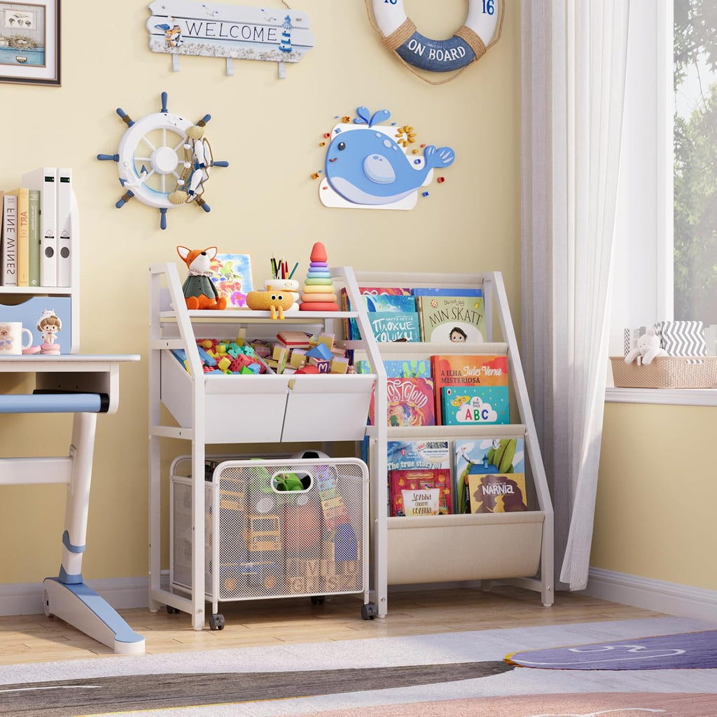 Kids Bookshelf Toy Storage Organizer & 2 Bins,3 Tier White | Kids Bookcase Equipped With Movable Drawer And 2 Toy