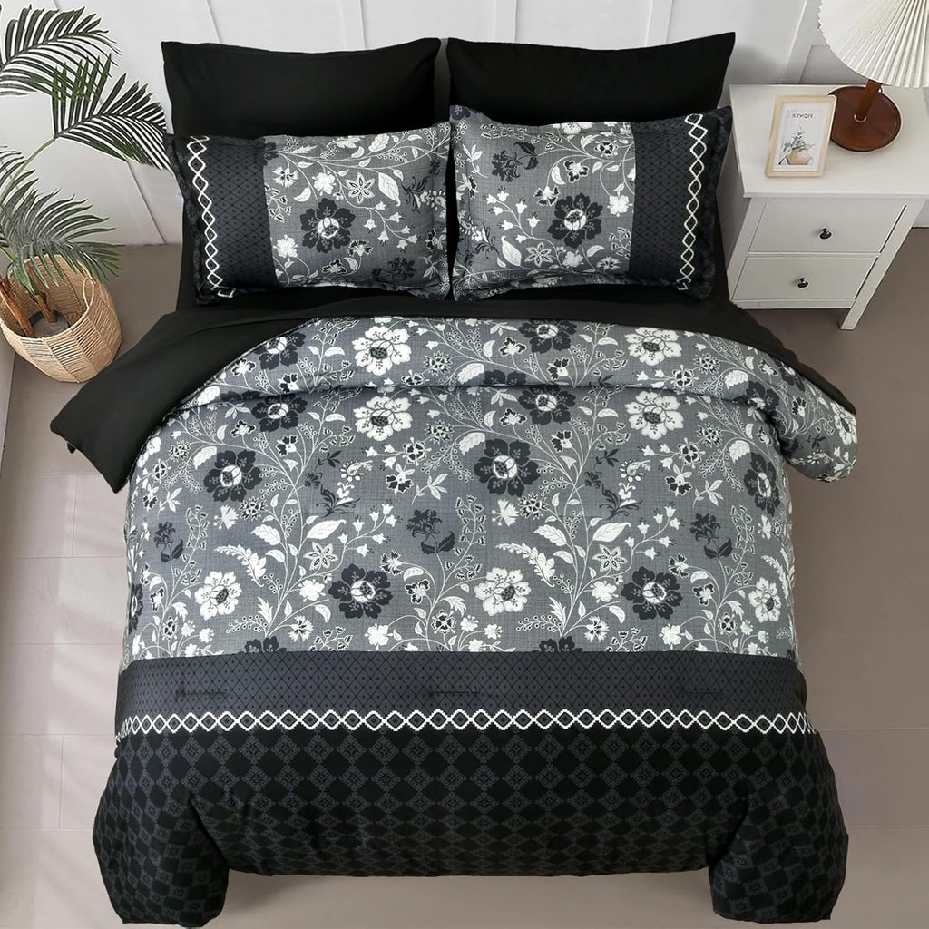 Black Comforter Set Queen, 7 Pieces Bed in a Bag Floral Geometric Patchwork Soft Microfiber Comforter Bedding Set with Comforter, Flat Sheet, Fitted Sheet, Pillow Shams,Pillowcases