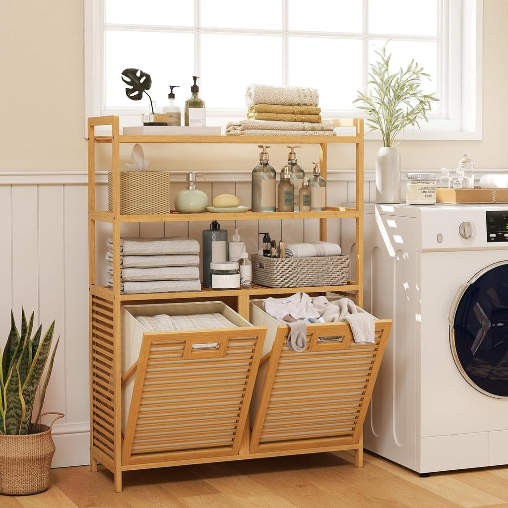 Double Tilt Out Laundry Hamper with 3-Tier Storage Shelf | 14 Gal Bamboo Laundry Storage Cabinet w/Removable Laundry