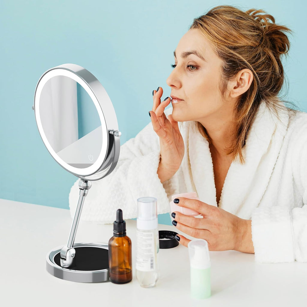 Tabletop Makeup Mirror with Built-in Vanity Tray, 9" Rechargeable 4000mAh Lighted Vanity Mirror 1X/10X Magnification