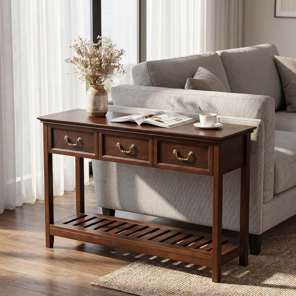 47'' Solid Wood Console Table with Storage, Narrow Long Rustic Sofa Table with 3 Drawers and Open Shelf, Farmhouse