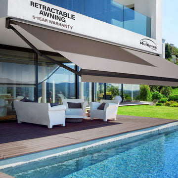 Motorized Awning Outdoor Retractable with Black Structure,15ft Electrical Cord, Remote Control & Wind Sensor, UV